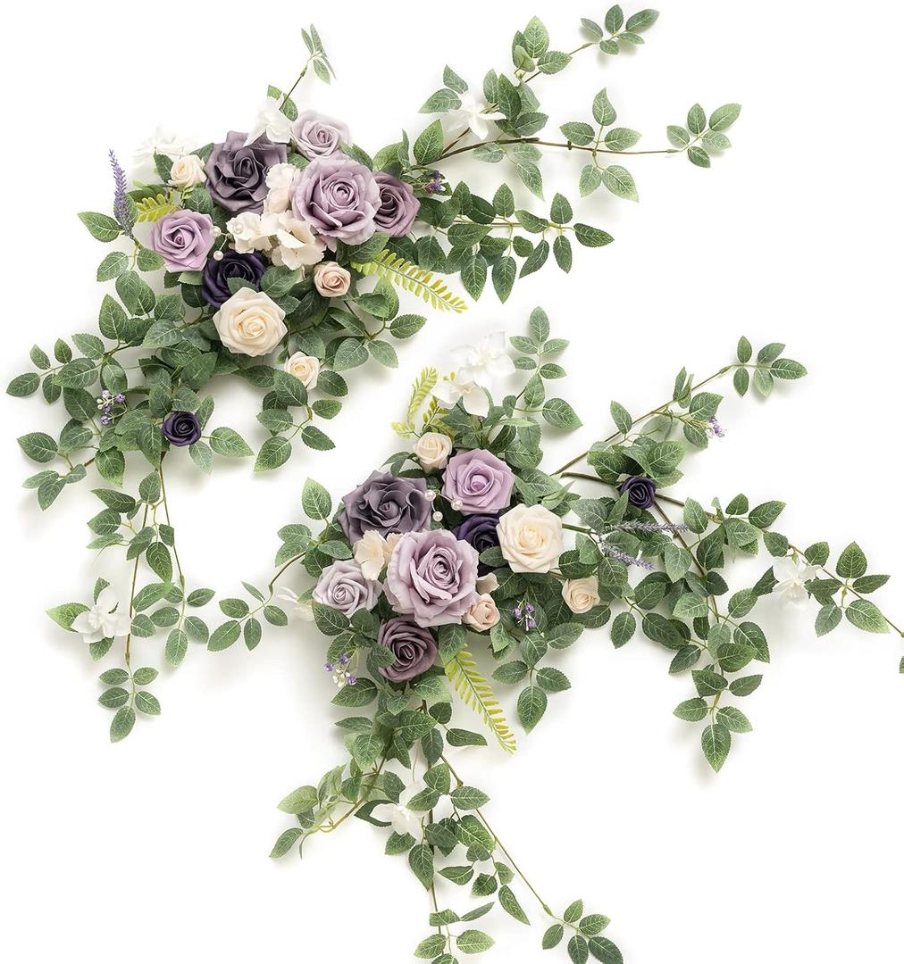 Ling's moment 2PCS Artificial Floral Swags Centerpieces Wedding Flower Purple Rose Garland Greenery Arrangements for Sweetheart Head Table Decor Car Wall Window Arch Garden Decor Lilac & Gold