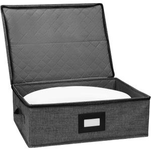 China Storage Containers, Platter Storage 17" x 13" x 6" for Dinnerware Storage and Transport, 5 Large Felt Dividers Included, Hard Shell and Stackable (Black)