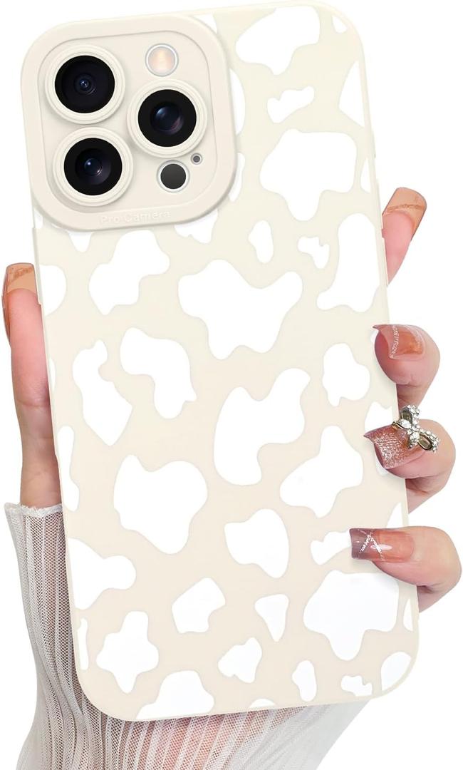 KANGHAR Compatible with iPhone 16 Pro Max Case, Silicone Cow Print Cute Pattern, Camera Protection Soft Slim Phone Cover for Girls Women -White