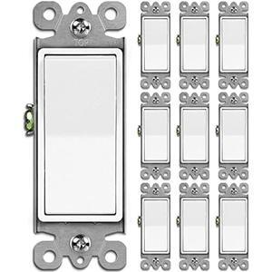 BESTTEN 10 Pack Single Pole Decorator Wall Light Switch, 15A 120/277V, Paddle Light Switch, On/Off Rocker Interrupter, UL Listed, White