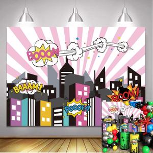 7x5ft Cartoon Superhero Party Backdrop Pink for Girls Women Birthday Super Hero Comics City Buildings Photography Background Happy Birthday Party Decorations Cityscape Banner