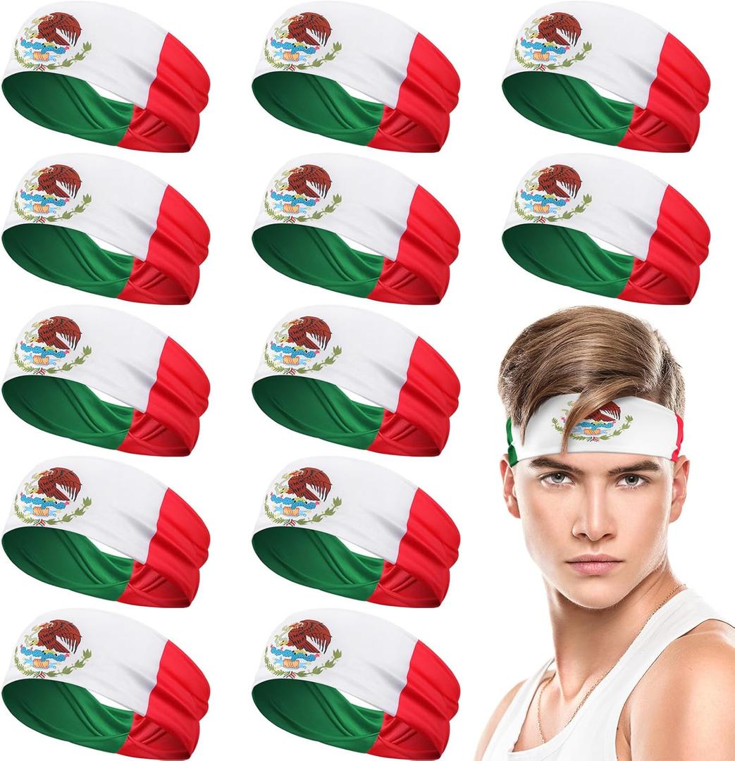 12 Pcs Mexico Country Flag Headbands Mexican Bandana with National Flag Headband Sweatbands for Men Women Sports
