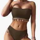 ZAFUL Women Strapless Bandeau Bikini Shell 2 Piece Swimwear Cheeky Solid Lace up Pom Bathing Suits M