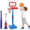 EagleStone 4-in-1 Toddler Basketball Hoop and T Ball Set, Adjustable Height Basketball Hoop,Tee Ball & Ring Toss Toy, Outdoor Indoor Sports Gift for Boys Girls Toddlers Ages 3-8