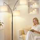 OUTON Arc Led Floor Lamp, Modern Black 3 Light Tall Floor Lamp for Bedroom, 2400lm Mid Century Adjustable Standing Corner Lamps for Living Room Office, 3 LED Bulbs Included, White Lampshade