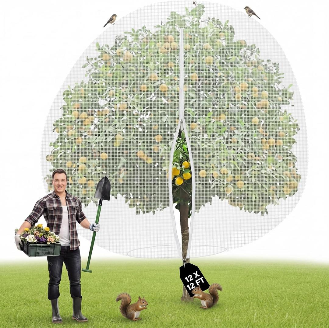 12 x 12 ft Large Fruit Tree Netting for Protecting Fruit from Squirrels Birds Bug Deer & Rat Garden Mesh Netting with Zipper and Drawstring Heavy Duty Tree Covers for Garden Bushes