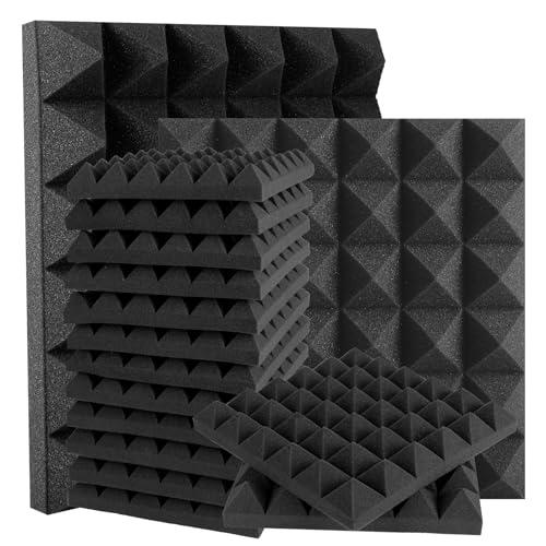 24 Pack Pyramid Acoustic Panels 12" X 12" X 2" Sound Proof Foam Panels with Self-Adhesive Acoustic Foam Panels of High Density Fast Expand Studio Soundproof Wall Panels-Black