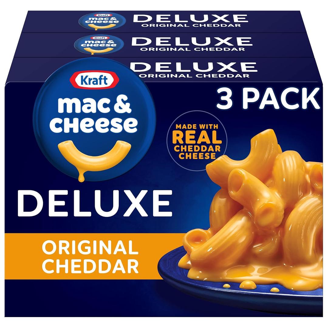 Kraft Deluxe Mac and Cheese, 3 Boxes, for Easy Dinner or Dinner Sides, Original Cheddar Flavor, No Artificial Flavors or Dyes, 14 oz, Best By 07/11/26