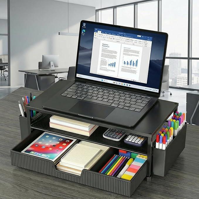 ECOLOVI Desk Organizer and Accessories, 2Tier Computer Monitor Stand Rise with Storage Drawer & 2 Pen Holders, Laptop & Printer Stand for Desktop, Workspace Organizers for Office Supplies (Black)