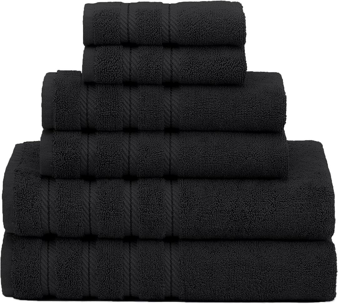 American Soft Linen 100% Carde Cotton 6 Piece Towel Set, 590 GSM Heavy Weight Soft Absorbent Turkish Towels for Bathroom, Coal Black