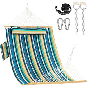 Lazy Daze Hammocks 10.5FT 2 Person Double Quilted Fabric Hammock with Spreader Bar, Detachable Pillow, Side Pocket, Carabiners, Chains, Straps for Outdoor, 450lbs Capacity, Beach Stripes