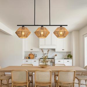 Boho Chandelier Light Fixture, Dining Room Light Fixtures Over Table, Kitchen Island Rattan Ceiling Hanging Light with Handwoven Shade, Adjustable Height Farmhouse Chandeliers, L 36"