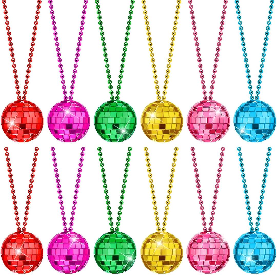 Hicarer 12 Piece Mirror Disco Ball Costume Necklaces 70s Disco Party Necklaces for Home Decorations, 1.57 Inch Stage Props, Game Accessories, Halloween, Party Favor and Supplies (Multicolor)