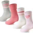 Wamvp Girls Socks Kids Pink Crew Athletic Socks with Hearts Striped 4 Pairs for Children 10-12Y
