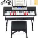 61 Key Piano Keyboard, Electric Keyboard Piano with Light-Up Keys, 255 Tones/Rhythms, Smart Learning System, Headphone, Microphone, Keyboard Stand, Stool, Stickers, Piano Keyboard Set for Beginners (Black)