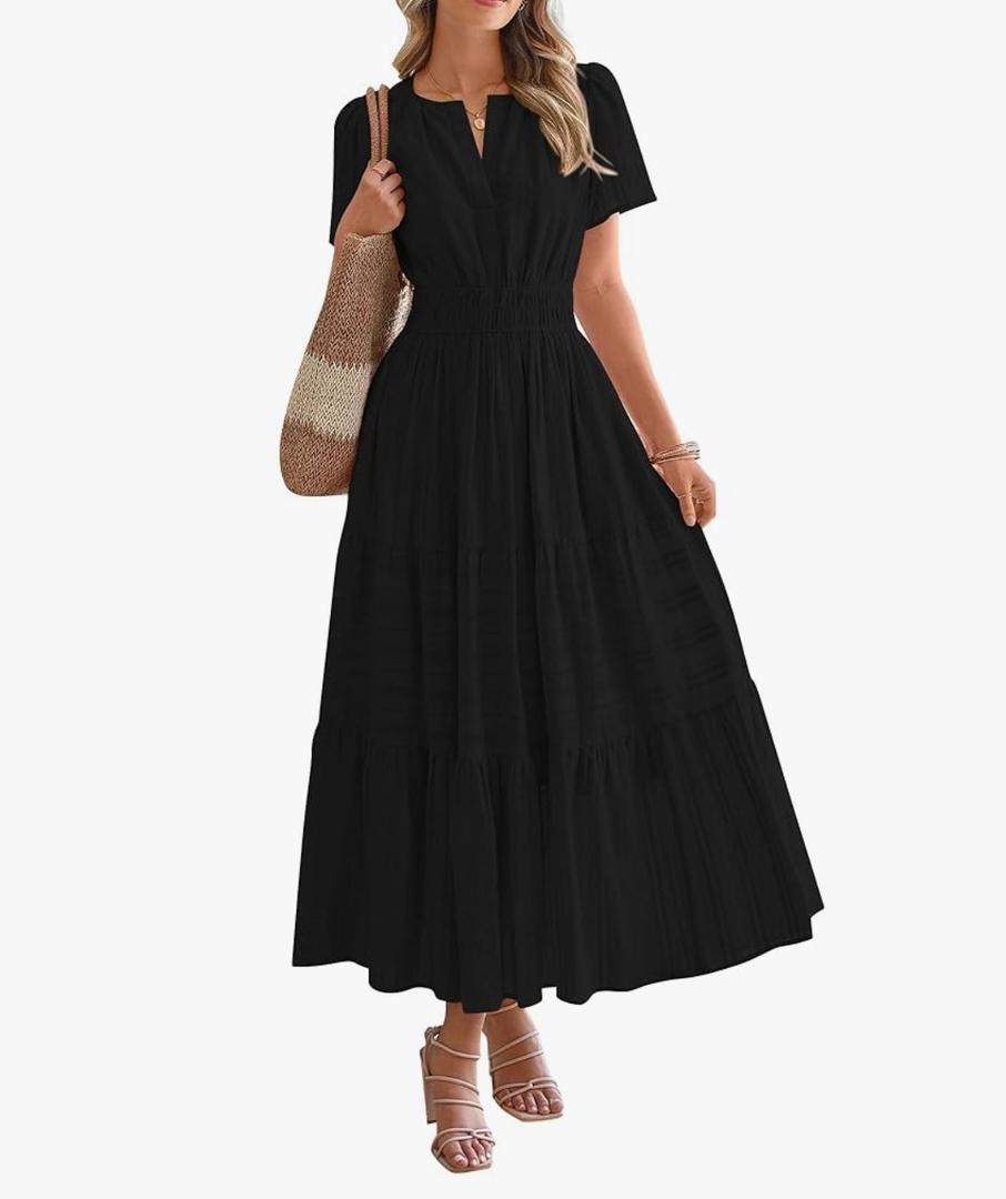 BTFBM Women's Summer 2025 Casual Midi Maxi Dresses Lightweight Short Sleeve V Neck Elastic Waist Boho Beach Dress Pockets, L