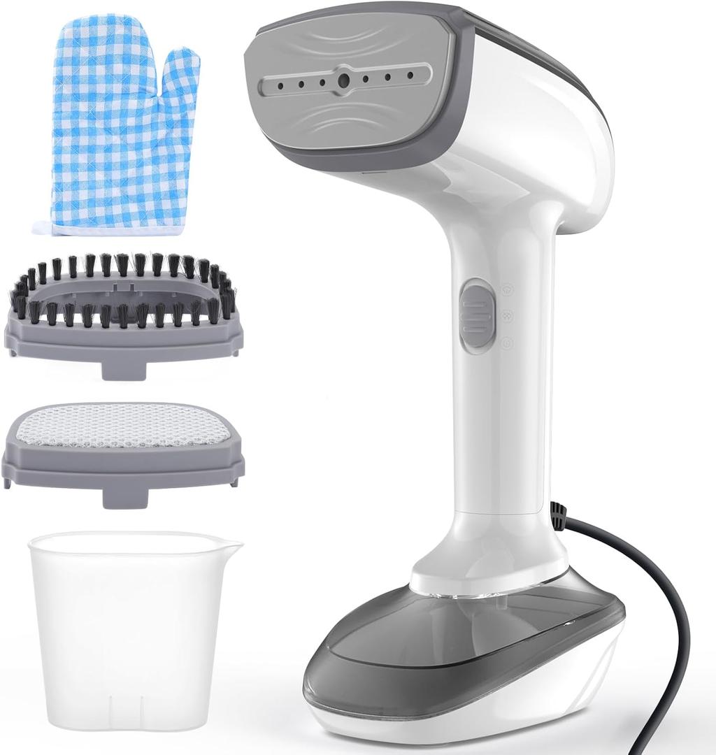 Powerful Handheld Fabric Steamer 1800W with Fast Ceramic HeatUp Plate, 2in1 Ironing & Wrinkle Remover, Steam Nozzle, Lint Brush White, for US 120V Only, White