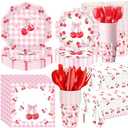Pickmesh 194 Pcs Cherry Party Decorations for 24, Pink Cherry Bow Paper Plates and Napkins Cups Tablecloth Cutlery Coquette Gingham Tableware Set for Baby Shower Birthday Party Supplies