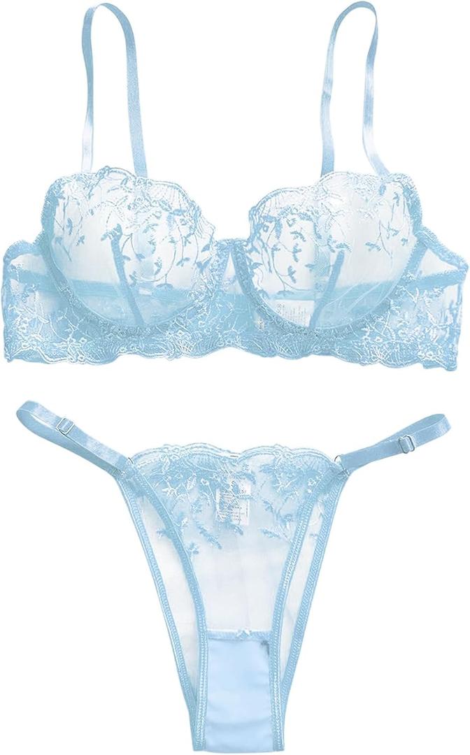 Lilosy Sexy Floral Embroidered Mesh Women Underwire Push Up Lingerie Set (Small, Floral Light Blue)