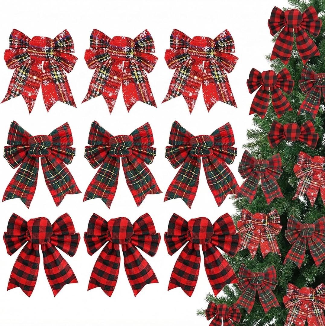 JOHOUSE 12PCS Plaid Bows for Christmas Tree, Rustic Festive Bow Set for Christmas Check Plaid Bows Ornaments for Xmas Tree Garland Wreath DIY Crafts Home Sewing Scrapbooking Gift Decor