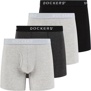 DOCKERS Men's Underwear Cotton Stretch Boxer Briefs for Men Pack of 4 (Black | Heather Charcoal | Heather Grey | Heather Grey) Large