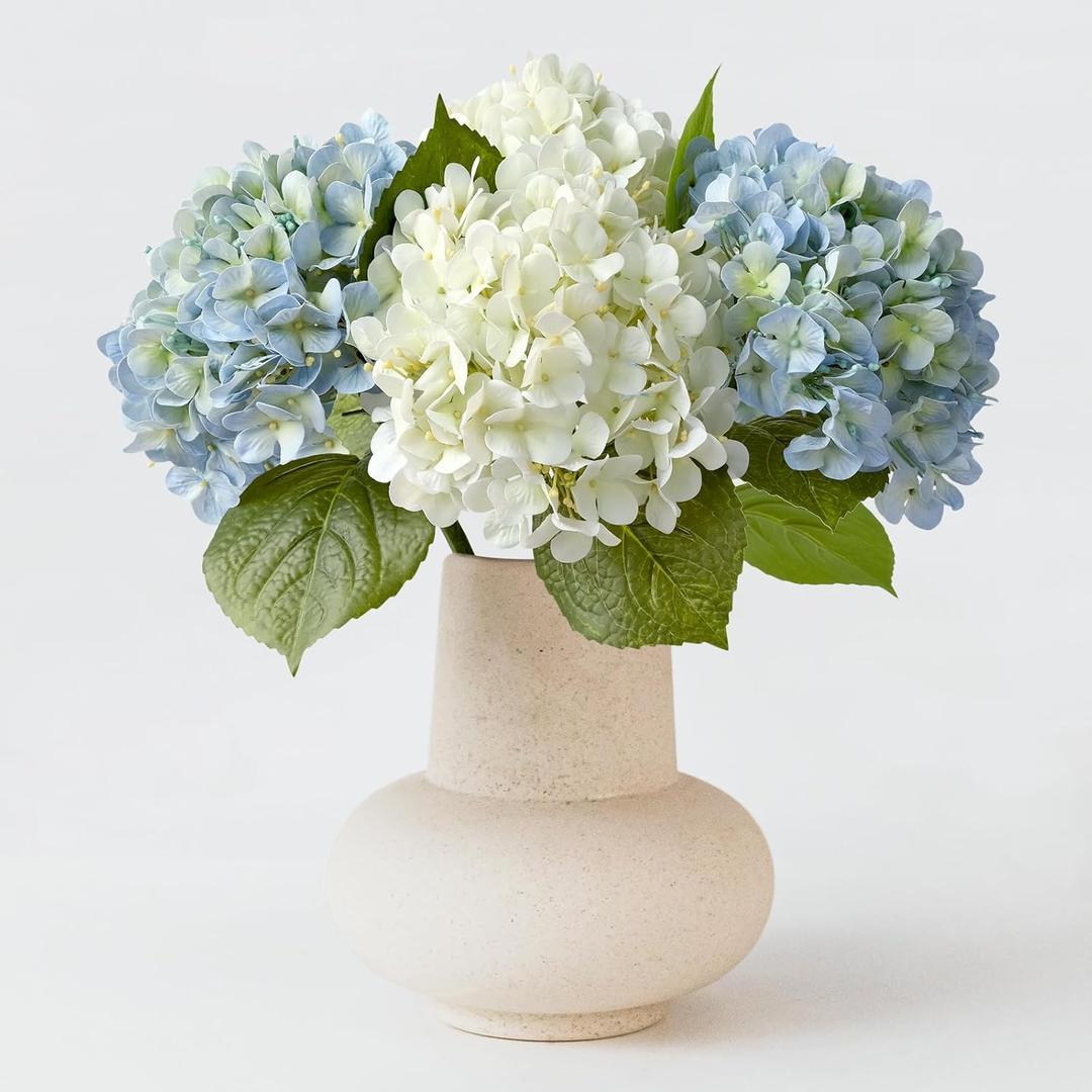 2PCS White & 2PCS 20" Light Blue Hydrangea Artificial Flowers Real Touch Faux Hydrangeas with Long Stem for Spring Home Decor Baby Shower Floral Arrangement Kitchen Party Wedding Xmas Decor