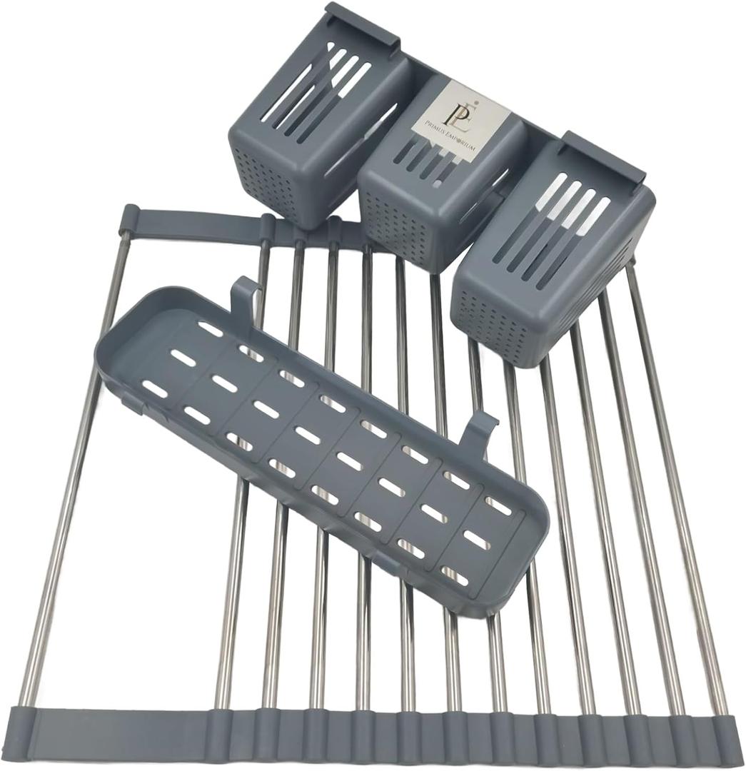 Primus Emporium Expandable Roll Up Dish Drying Rack,Over Sink Stainless Steel Dish Drainer with Adjustable Length Up to 22.8'', 2 Storage Baskets,Utensil Holder,Large,Foldable,Space-Efficient (Gray)