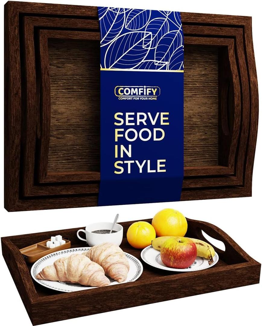 Comfify Serving Trays Set of 3 - Ottoman Wood Trays for Entertainment, Food and Decor - Rustic Farmhouse Distressed Wood Finish - Brown