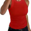 GEMBERA Womens Sleeveless Racerback High Neck Casual Basic Cotton Ribbed Fitted Tank Top (Large, Red)