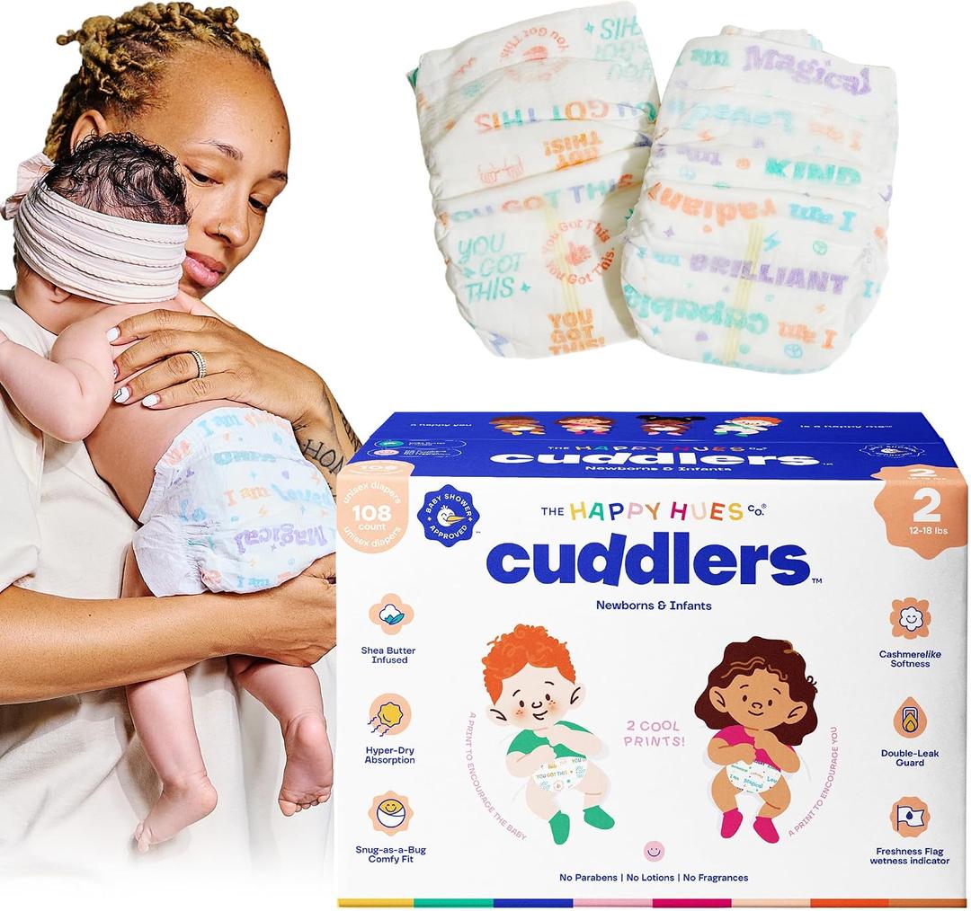 Happy Hues Cuddlers Disposable Diapers Size 2,12–18 lbs–Baby Diapers with Shea Butter, Wetness Indicator &Leak Protection–Ultra-Soft Unisex Newborn &Infant Diapers with Full Coverage, 108 Count