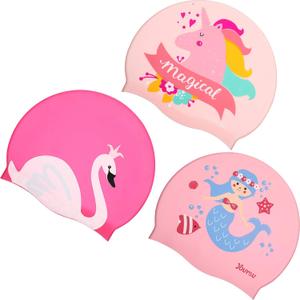 Syhood 3 Pcs Kids Swim Caps Baby Waterproof Bathing Caps Children Cartoon Swimming Hat for Long Short Hair Kids Boys Girls (Mixed Color)