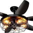 Ohniyou Ceiling Fans with Lights and Remote - 52 Inch Farmhouse Ceiling Fan with Caged Light Fixture - Black Industrial Outdoor Ceiling Fan Lights for Patio, Living Room, Kitchen & Bedroom, Black Caged