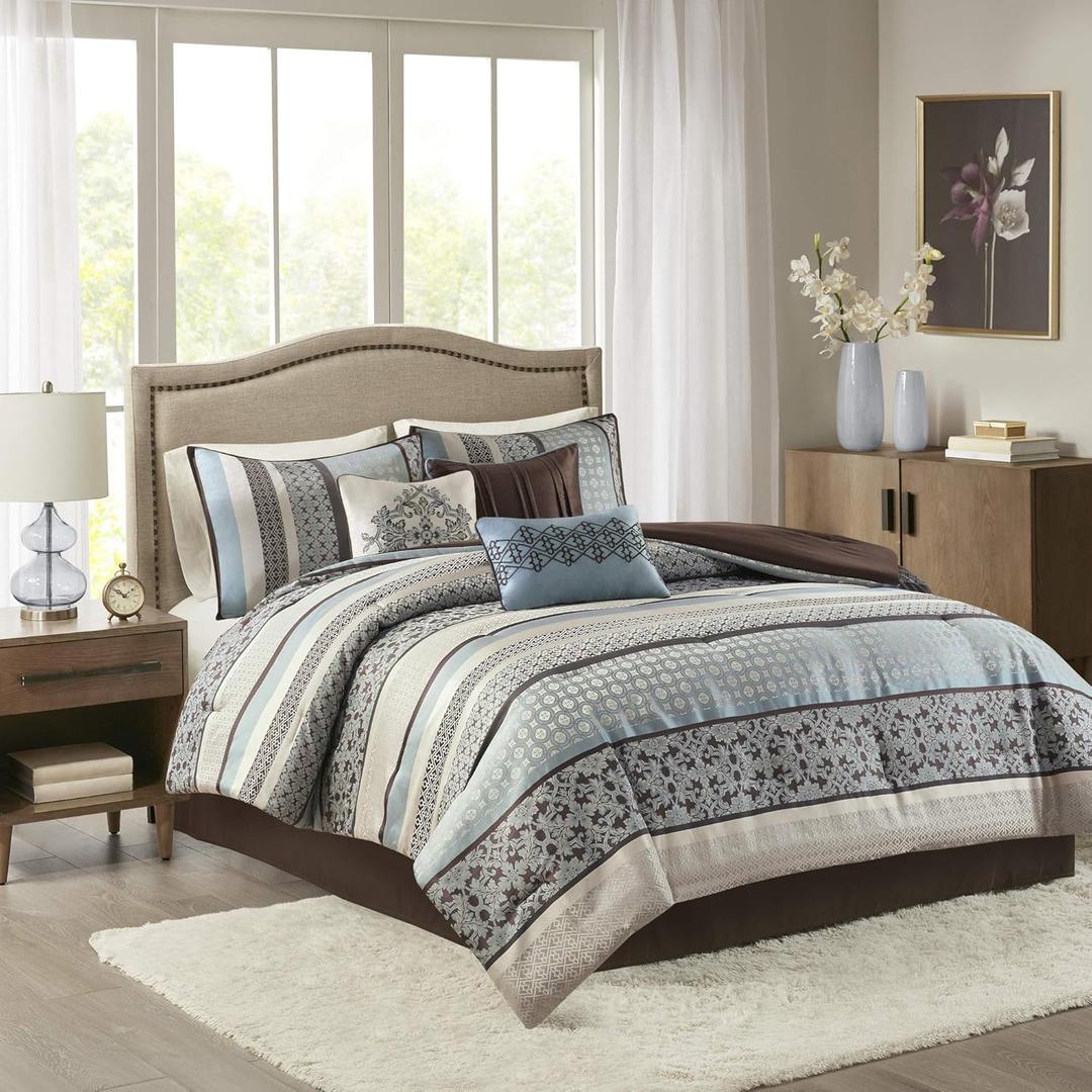 Madison Park Princeton Cozy Comforter Set - Luxurious Jaquard Traditional Damask Design, All Season Down Alternative Bedding with Matching Shams, Decorative Pillow, King(104"x92"), Blue 7 Piece