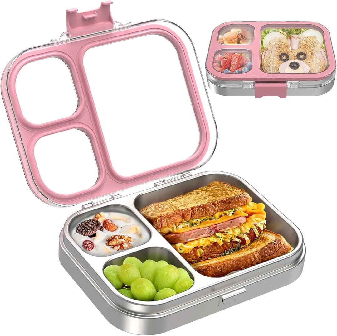 Kids Stainless Steel Bento Box with Silicone Lid Leak-proof Toddlers Lunch Container 3 Compartments Dishwasher Safe Pink