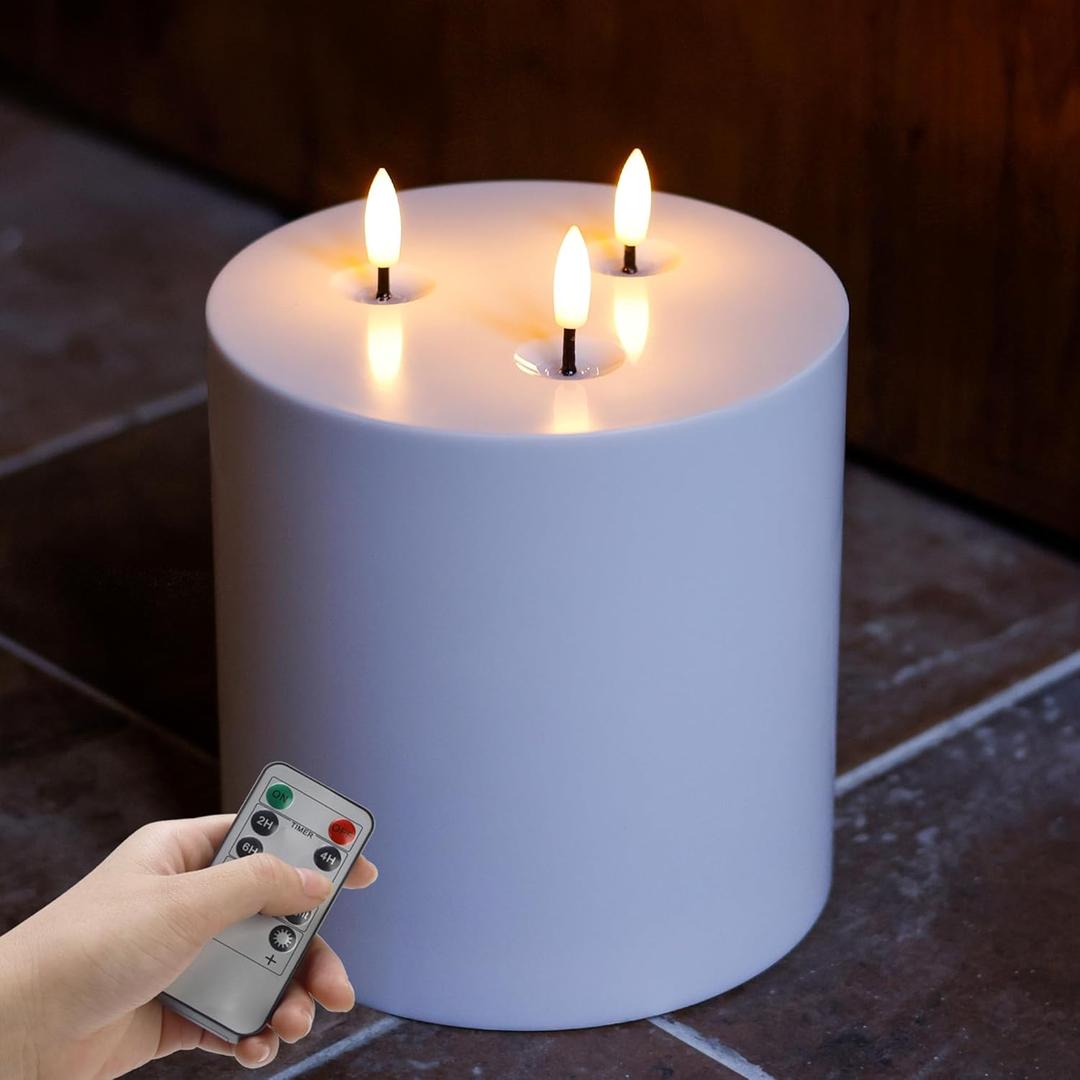 Large Outdoor Candles with Remote Waterproof 6"x6" Flickering Flameless Candles with 3 Wicks Plastic Big Battery Operated Candle for Indoor Outdoor Use, White