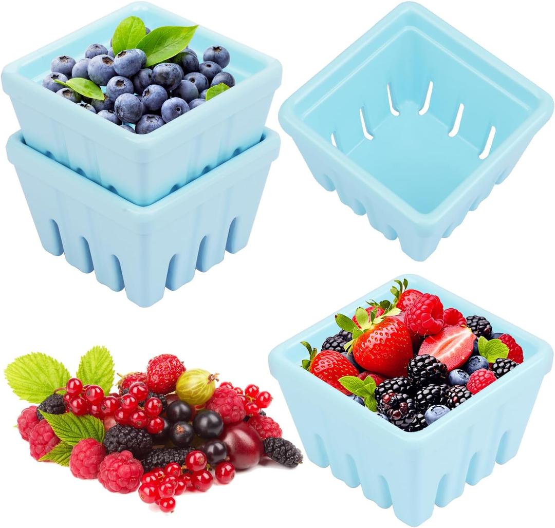4 Pack Ceramic Berry Basket, 4.1 Inches Square Ceramic Fruit Bowls with Draining Holes, Blue Rustic Stoneware Berry Bowls for Strawberries, Grapes, Cherries & More