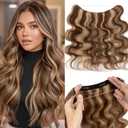 Rich Choices Halo Hair Extensions Real Human Hair Remy Hairs Halo Extension for Women Invisible Wire One Piece Clip in Hairpiece 20 Inch Wavy-#4P27 Medium Brown Highlight Dark Blonde