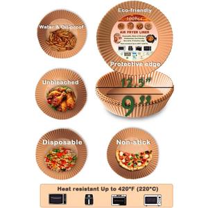 Air Fryer Liners (Round), Disposable, Water & Oil-proof, Unbleached, Non-stick, Protective Edge, 100pcs Larg, 9 inches.
