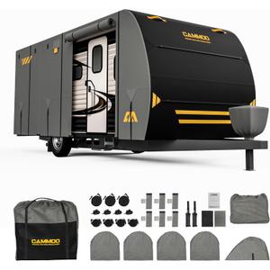 CAMMOO RV Cover for 27-30ft Travel Trailer 9 Layer 180g Heavy Duty Snowproof Waterproof Windproof UV- Resistant All Weather Protection with Full Kit Includes Tire Covers Tongue Jack Cover Storage Bag, Black