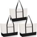 3 Pcs Extra Large Canvas Tote Bags with Zipper 28 Inch Big Canvas Grocery Bags Heavy Duty Wedding Beach Tote Bag with Outer Pocket Washable Shopping Bag for Travel DIY Craft (Black)