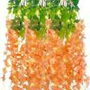 12 Pack Orange Wisteria Hanging Flowers Garland with Lights, 3.44 Feet Artificial Flower Vines, Fake Wisteria, Artificial Vines Hanging Garland for Backdrop Outdoor Patio Garden Decor