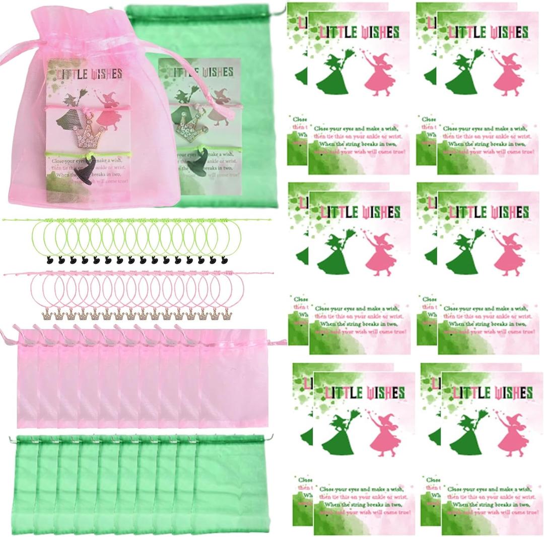 12 Set Witch Party Bracelets Bulk With Cards and Organza Bags Pink Green Princess and Witch Musical Movie Fan Adjustable Friendship Matching Bracelets Gifts For Birthday Party Favor Supplies
