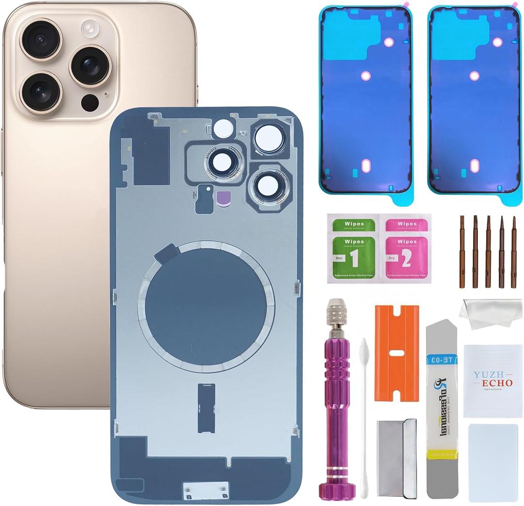 Back Glass Replacement for iPhone 16 Pro Max(6.9 inches,Desert Titanium) Integrated Glass & Magnet & Metal Phase Ring Repair Tools are Included