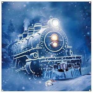 Tegeme 7 x 5 ft Fabric Winter Christmas Polar Train Backdrop Wonderland Railway Xmas Train Snowy Night Snowflakes Snowfall Background Portrait Photography Banner Polar Party Decor with Lanyard