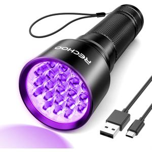 RECHOO UV Flashlight Black Light, 21 LED 395nm Ultraviolet Rechargeable Flashlights UV Light, Waterproof Portable BlackLight Flashlights for Pet Urine Detection, Dry Stains, Bed Bug