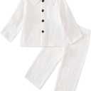 XFGLCK Toddler Boy Girl Fall Clothes Cotton Linen Long Sleeve Shirt Pants Set Unisex Casual Outfit (12-18 Months, White)