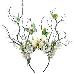 MOSTORY Green Flower Branch Headband - Handmade Tree Hairband with Butterfly Woodland Headband Floral Forest Crown for Women Renaissance Renfaire Woodland Costume Cosplay Photoshoot