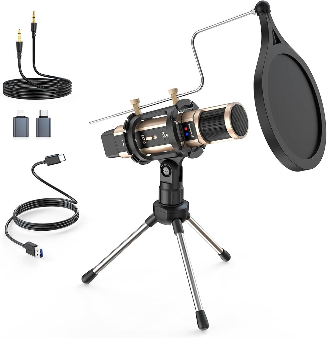 ZealSound Studio Recording Microphone, Condenser Broadcast Microphone w/Stand Built-in Sound Card Echo Recording Karaoke Singing for Phone Computer PC Garageband Smule Live Stream & YouTube (Gold)
