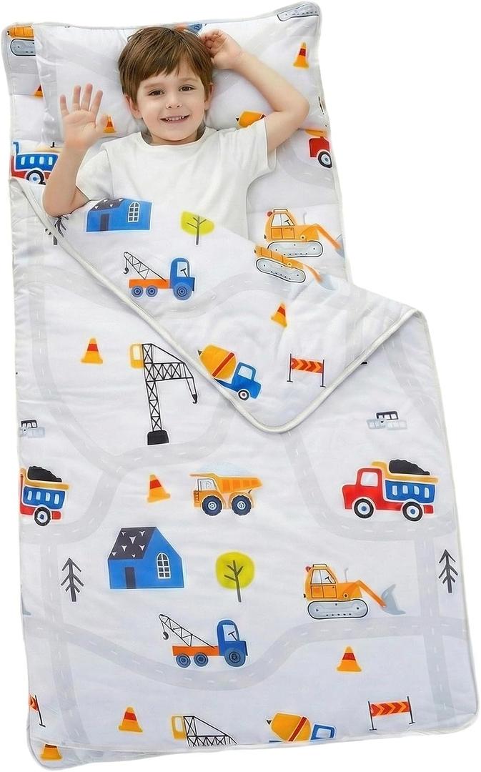 53" x 23" Toddler Nap Mat with Pillow and Blanket, Thickened Napping Mats for Boys Girls, Extra Large Sleeping Bag for Preschool, Daycare, Travel Camping