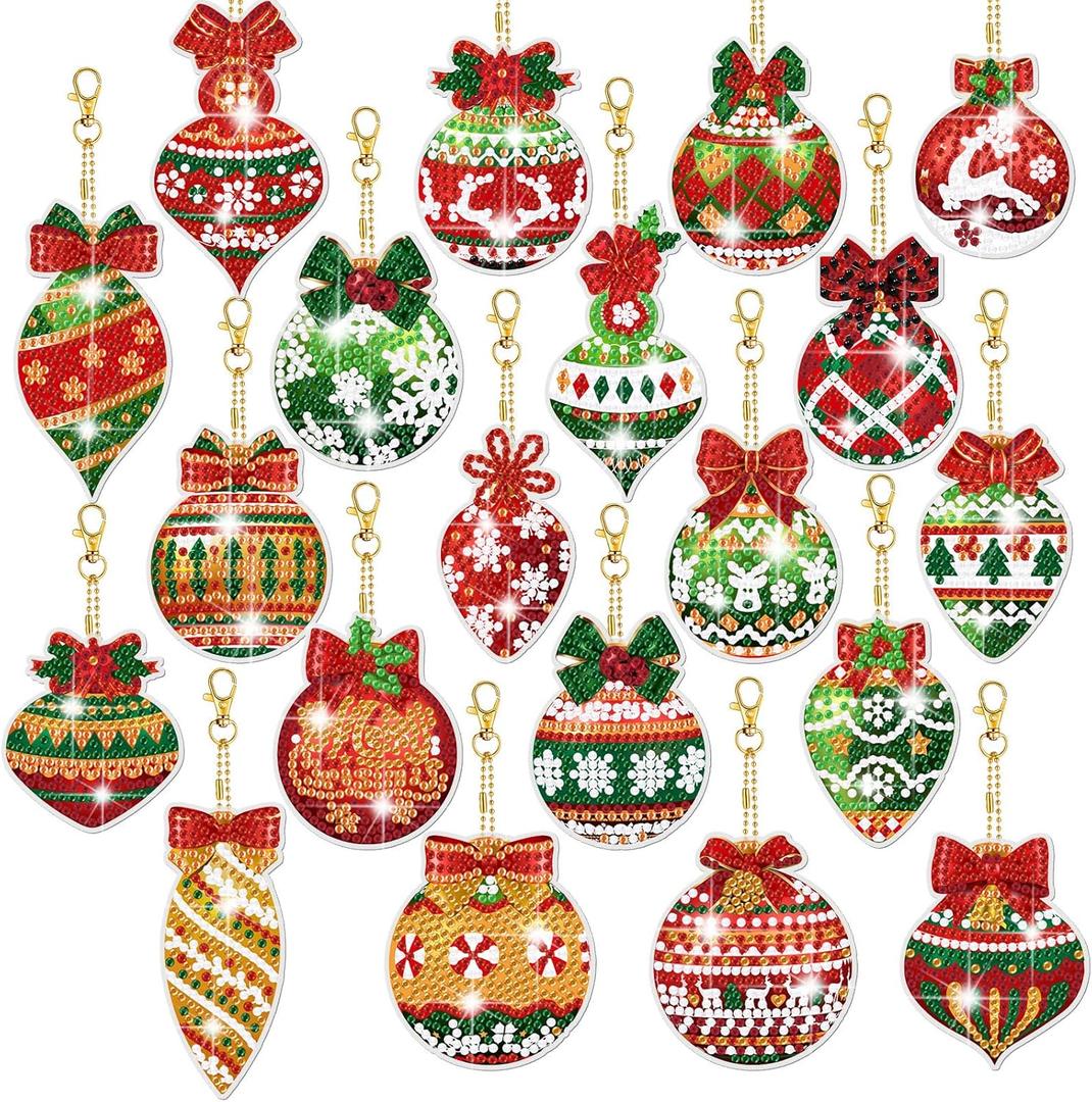 Tondiamo 20 Pcs Christmas Diamond Painting Keychain Kits 5D DIY Diamond Art Pendants Double Sided Hanging Key Chains for Christmas Party Decoration DIY(Balls Style)